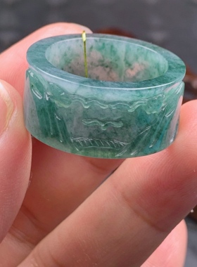 23号天然A货翡翠 T961 内径20.4mm 冰蓝飘绿花山水扳指戒指