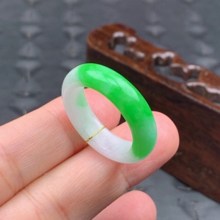 21号缅甸天然A货翡翠 4mm T957 6.5 阳绿半山水戒指 内径19.4