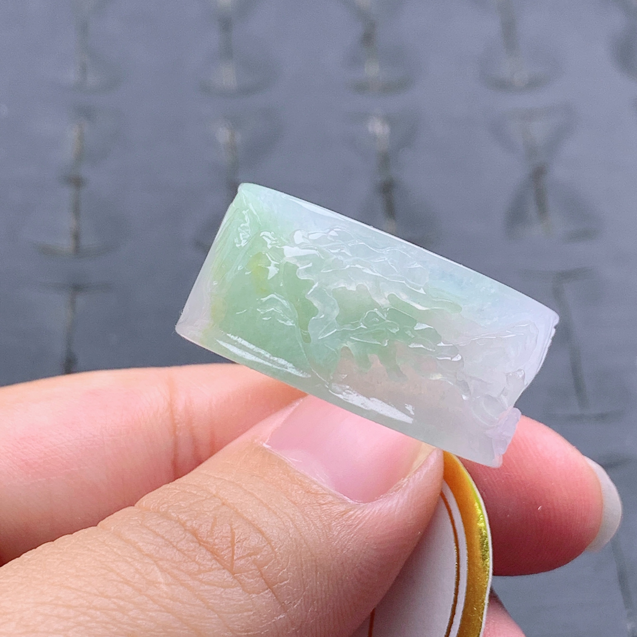 25-26号缅甸天然A货翡翠 内径21.3mm 黄加绿山水扳指戒指雕刻T409
