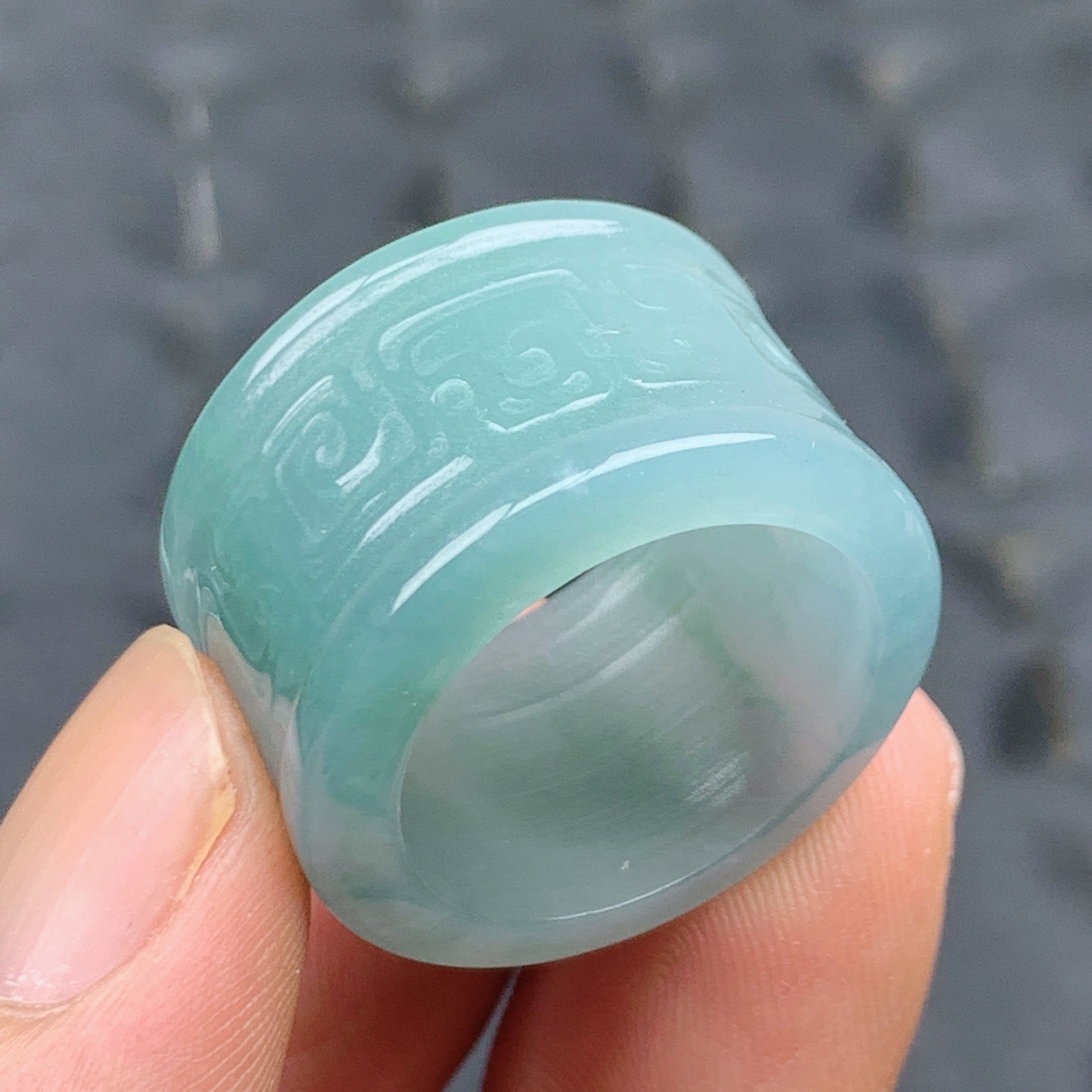 20号天然A货翡翠冰蓝起胶回纹扳指戒指内径19.2/15.5/3.5mm 1095