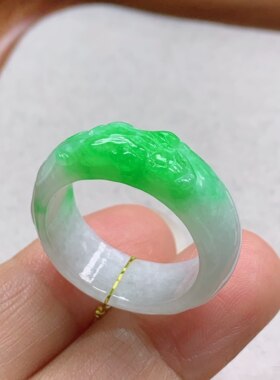 20-21号缅甸天然A货翡翠 T1192 内径19.5-8-3.5mm 正阳绿貔貅戒指