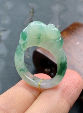 15-16号缅甸天然A货翡翠 T1057 内径18.2/5.5/3.4mm 飘花兔子戒指