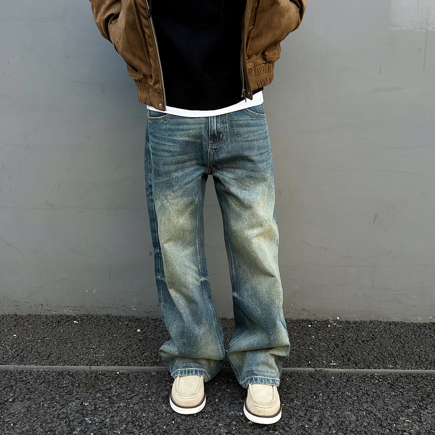 【UNAPS】高士线cleanfit猫须纹立体蜂窝蓝牛仔裤男女直筒做旧裤