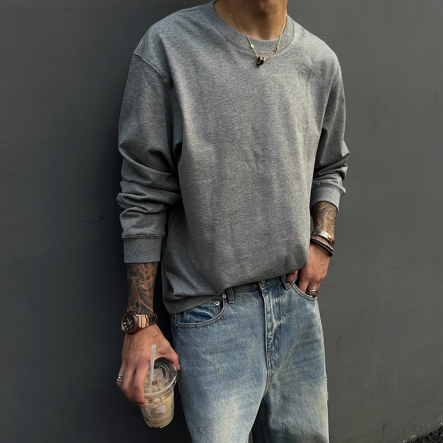 高品质320克纯棉长袖T恤男女