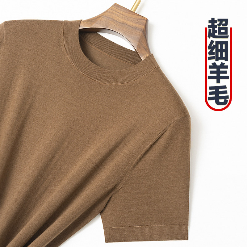 春秋季薄款半袖羊毛衫男短袖针织t恤圆领中年套头毛衣纯色休闲装