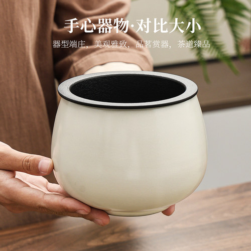干湿分离黄汝窑陶瓷茶渣缸桌面家用带过滤水盂废水桶烟灰茶具配件