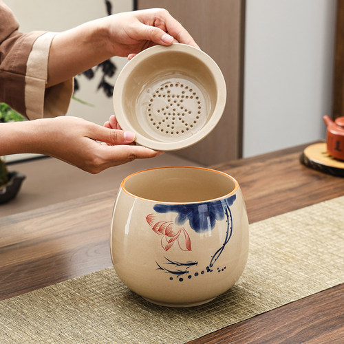 陶瓷茶渣缸带过滤盖茶台废水桶