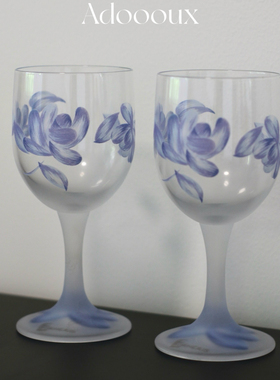 Adoooux全新法国中古孤品刻花手工玻璃高脚红酒杯果汁杯