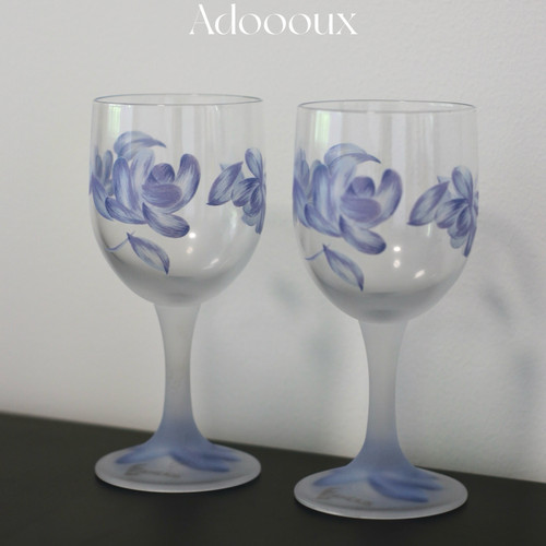Adoooux全新法国中古孤品刻花手工玻璃高脚红酒杯果汁杯