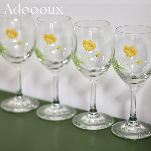 Adoooux孤品全新中古艺术家品牌清新花卉高脚玻璃酒杯/果汁杯水杯