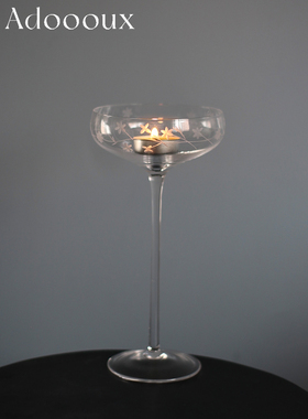 Adoooux孤品中古刻花花枝纹玻璃高脚烛台