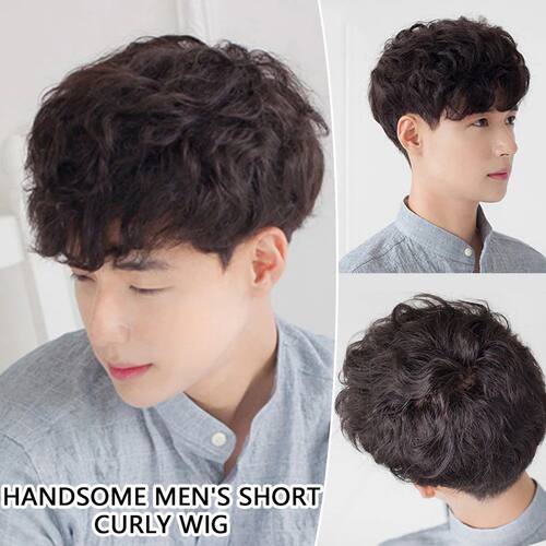 Synthetic Handsome Men Short Curly Wig Korean Neat Bangs