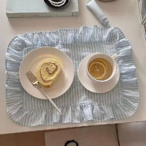 【Pink Blue Stripe Ruffle Placemat Set Cute Table Decor For