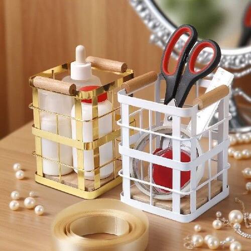 Square Iron Kitchen Storage Basket Hollow Wooden Base