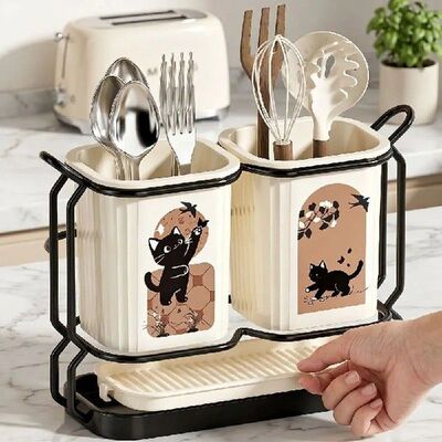 Cute Cat Kitchen Storage Basket Durable Standing Chopsticks