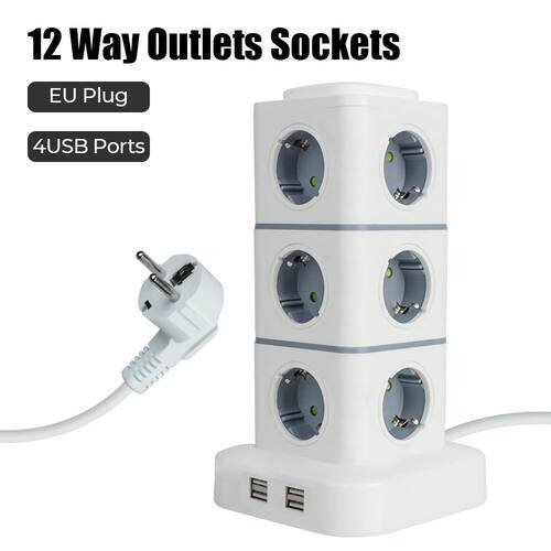 EU Plug 220V 10A 2.8m Extension Cord Tower 12 Way Outlets