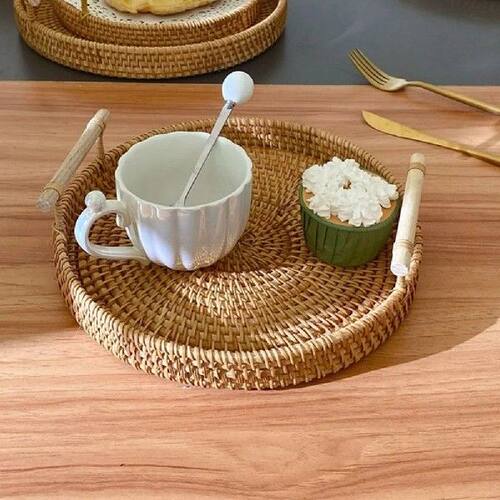 Round Rattan Storage Tray with Wooden Handle Handmade