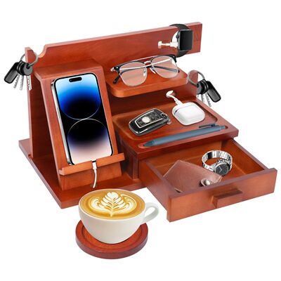 Wood Phone Docking Station with Drawer Bedside Key Wallet