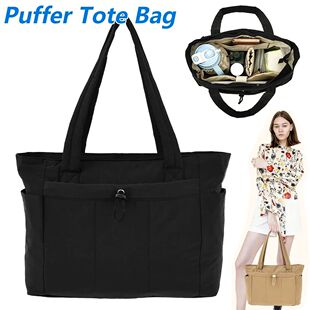 Puffer Tote Bag Portable Travel Work Tote Handbag with Cup