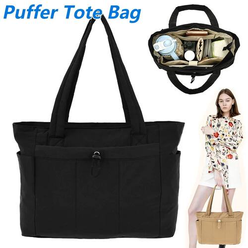 Puffer Tote Bag Portable Travel Work Tote Handbag with Cup