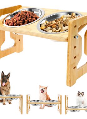 Elevated Dog Feeder Bowls Adjustable Raised Stand Wood Pet
