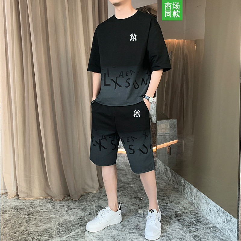 2024休闲运动上衣短裤两件套短袖t恤棉套装男夏季宽松大码三件套