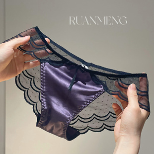 流光苏紫～法式高级缎面珠光蕾丝内裤女纯欲网纱性感低腰内裤女士