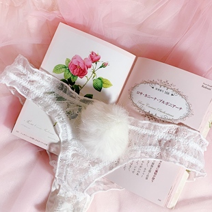 日系内裤可爱女生性感镂空蕾丝毛绒兔子尾巴丁字裤T裤透视诱惑