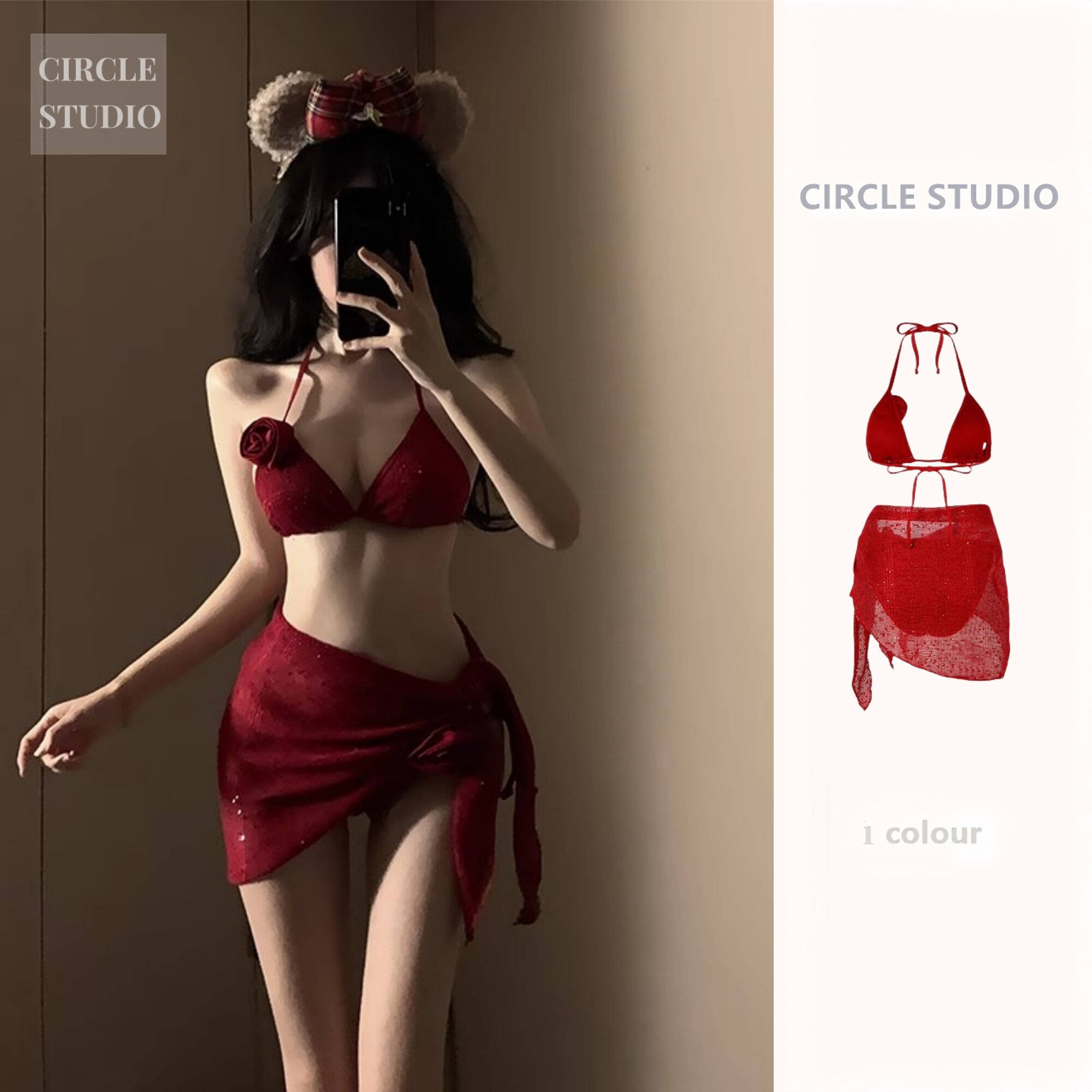 复古分体泳衣女比基尼三件套性感红色花朵绝美度假泳装海边新款