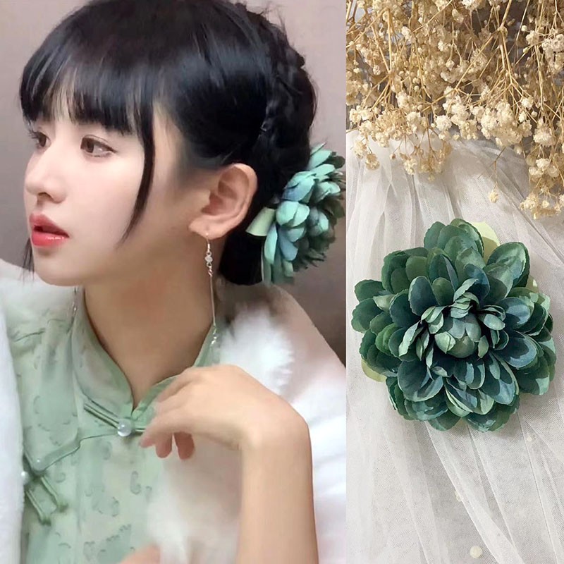 写真发饰网红拍照直播头花发夹子顾林同款墨绿色花花头饰旗袍配饰