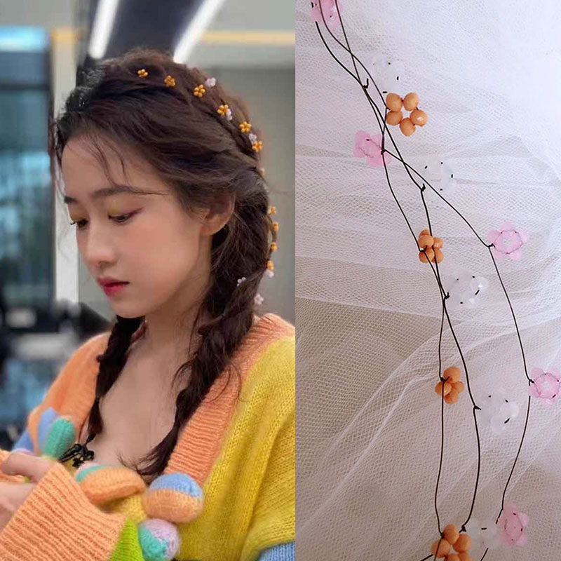 刘美含超仙女水晶长发编头饰品同款桔黄色小花朵发饰百搭梅花发链
