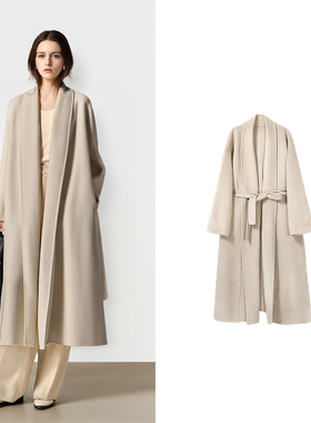 慵懒风系带收腰羊毛大衣女中长款毛呢外套高级感浴袍式高贵大气