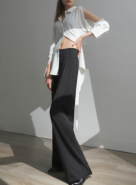 欧美职业高腰阔腿裤女垂感飘逸2024新款春季黑色条纹直筒OL西装裤