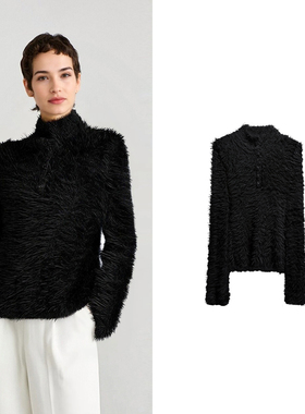 欧美风黑色高领毛绒毛衣女宽松慵懒风软糯针织衫