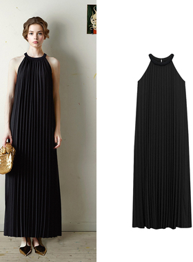 重工高定质感灵动风琴百褶连衣裙女夏季长款度假风黑色挂脖长裙子