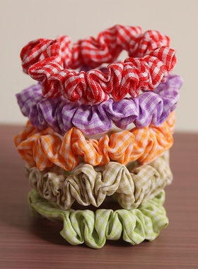 满15元包邮大肠发圈女韩国红紫橙绿色格子布艺扎头发皮筋细发绳女