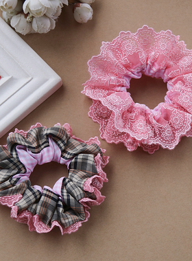 双层花边头绳桃粉红色拼接咖色格子布艺大肠发圈丸子头多巴胺饰品