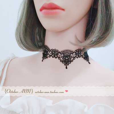 choker无扣黑白色蕾丝系带项圈