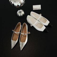 ALEXSARA原创系列 2024早春新款 银色拼色尖头平跟玛丽珍平底鞋子