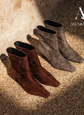 ALEXSARA 205秋冬新款 简约方头矮跟复古宽筒瘦瘦靴真皮矮筒靴女