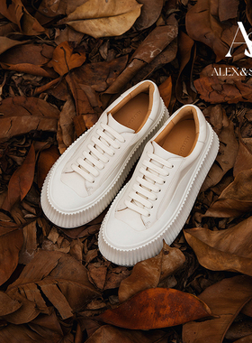 【经典返场】ALEXSARA新款百搭圆头厚底系带小白鞋真皮增高饼干鞋