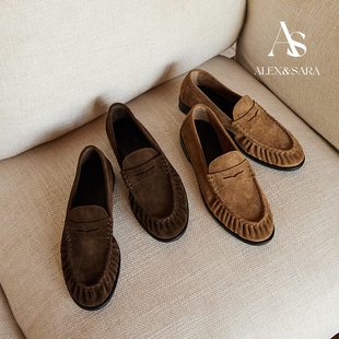 ALEXSARA 2026早春新款 圆头麂皮平底鞋超柔软褶皱乐福鞋平跟单鞋