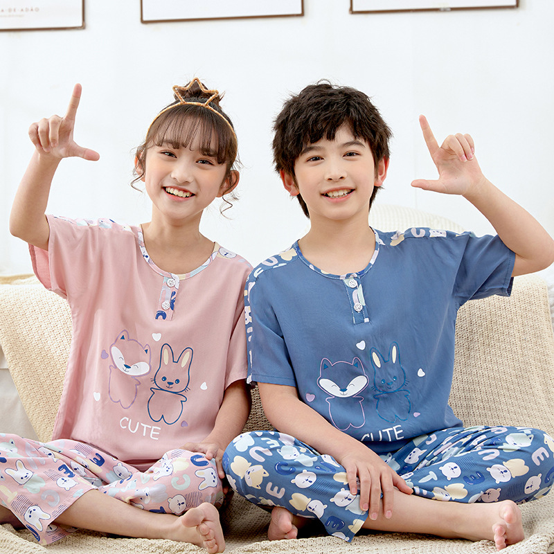 夏季儿童棉绸睡衣短袖长裤绵绸