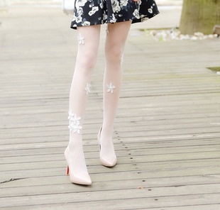 春秋款 手工珍珠立体花朵蕾丝丝袜公主白色日系风薄款 连裤 袜甜美风