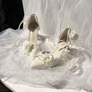 洛丽塔花嫁鞋lo鞋高跟百搭优雅尖头细闪优雅lolita鞋婚鞋细跟