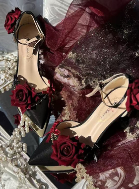 手作lo鞋玫瑰纪年黑色洛丽塔高跟鞋哥特暗黑Lolita鞋一字带单鞋