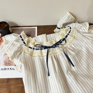天鹅绒少女丨甜美蕾丝蝴蝶结纯棉纱布条纹飞袖可外穿长裙家居服