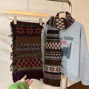 求你们快冲！日系复古费尔岛雪花毛边流苏针织含羊毛保暖围巾围脖
