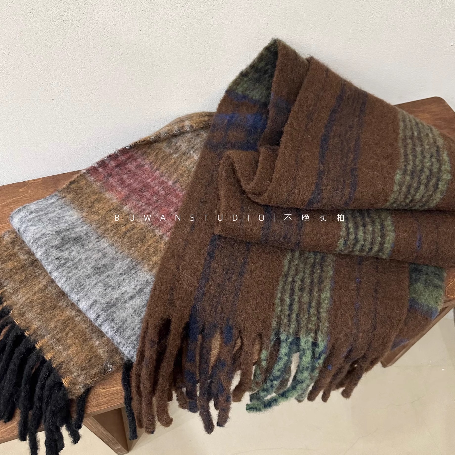 秋冬格纹流苏加长含羊毛围巾披肩