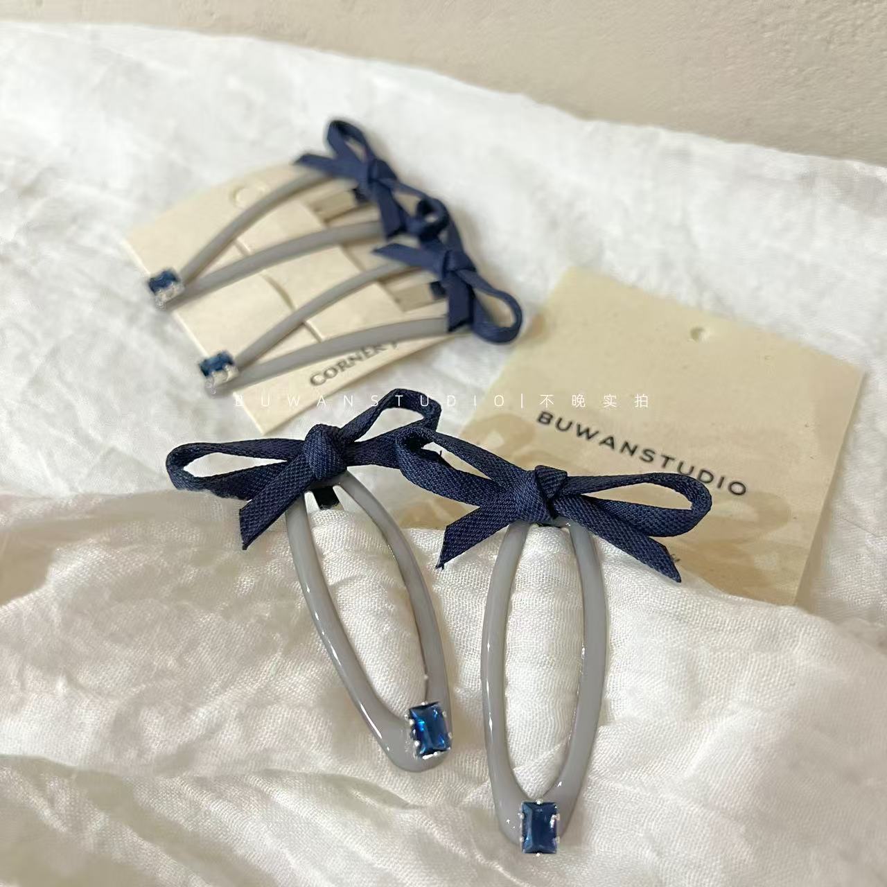 韩系蓝色牛仔蝴蝶结发夹边夹发饰